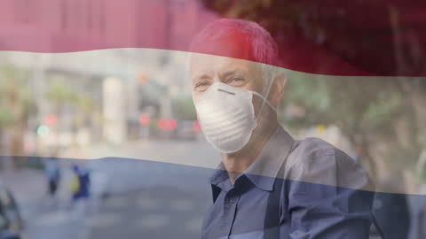 Man in Face Mask with Netherlands Flag Overlay