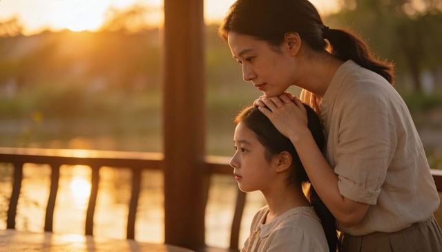 Mother leaning over daughter at sunset lakeside pavilion showing tender bond