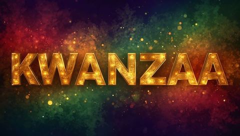 Glowing Gold KWANZAA Wordmark on Festive Red Green Gold Bokeh Background for Holiday Design