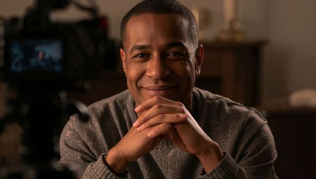 Smiling presenter sitting in home studio with DSLR rig and warm interview lighting