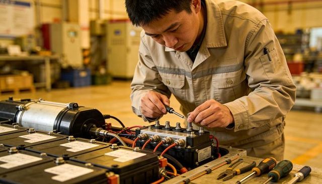 Asian technician tightening electrical connectors on battery pack at industrial workbench