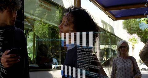 Digital Overlay with Friends Discussing at Bus Stop