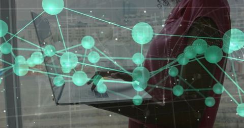 Businesswoman Typing with Digital Network Overlay in Modern Office