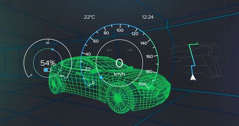 Futuristic wireframe car with digital dashboard and hud design