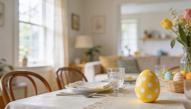 Displaying yellow polka-dot easter egg on sunlit dining table featuring tulips, basket, pastel eggs