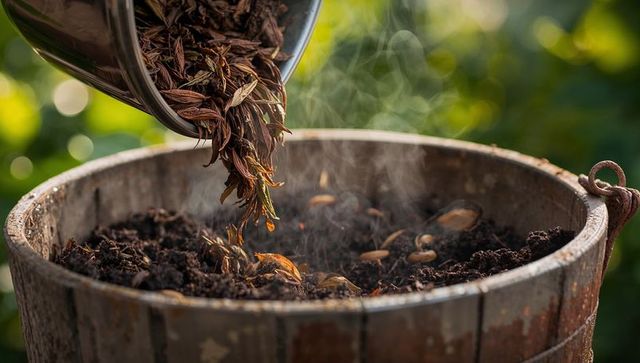 Pouring seed pods and organic debris into steaming wooden barrel planter for composting mulch