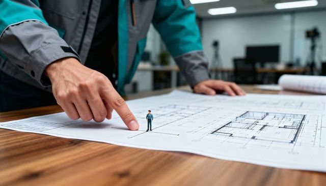 Architect pointing at blueprint with miniature figure on floor plan