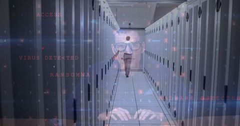 Cybersecurity Threat Concept with Hacker Overlay in Data Center - Download Free Stock Images Pikwizard.com
