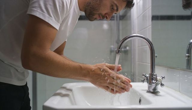 Young man washing hands at bathroom sink under chrome faucet, closeup hygiene moment