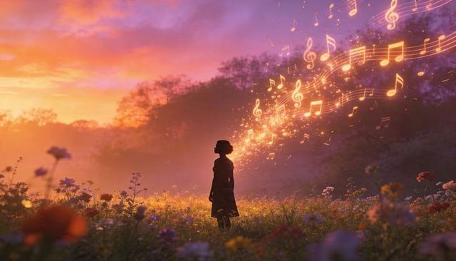 Teen standing in wildflower meadow at golden hour with glowing musical notes and sparkles