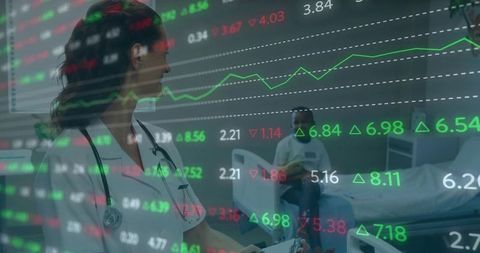 Nurse monitoring patient with financial overlay for healthcare finance, hospital analytics
