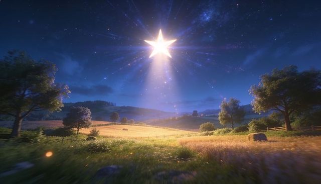 Radiant star beaming over moonlit meadow illuminating pasture and hay bales