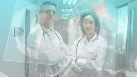 Doctors Analyzing Digital Data in Futuristic Hospital