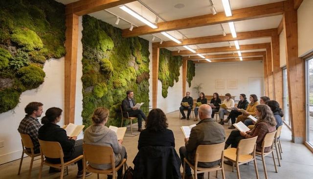 Facilitator leading circle discussion in sunlit timber community room with living moss walls