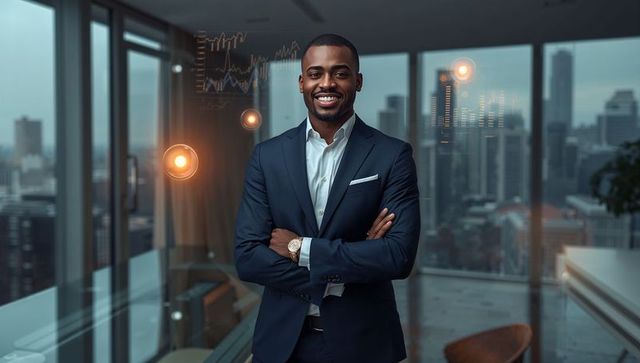 Confident Executive Smiling, Arms Crossed in High-Rise Office with Holographic Data