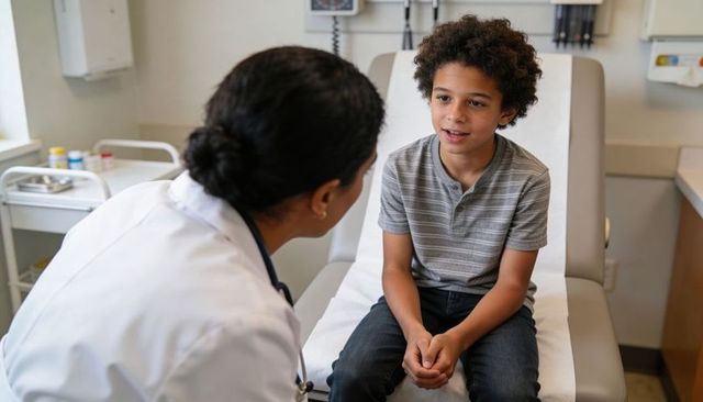 Young patient talking with clinician during pediatric checkup in exam room