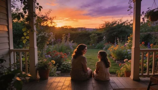 Mother and daughter sitting on porch watching garden sunset, family bonding at dusk