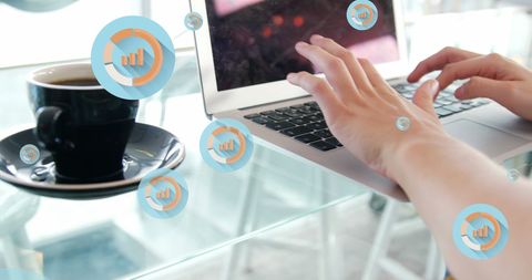 Businesswoman Analyzing Data on Laptop with Multiple Exposed Graph Icons - Download Free Stock Images Pikwizard.com