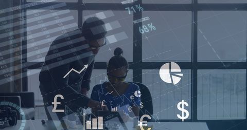 financial analysts working with digital data overlay in office - Download Free Stock Images Pikwizard.com