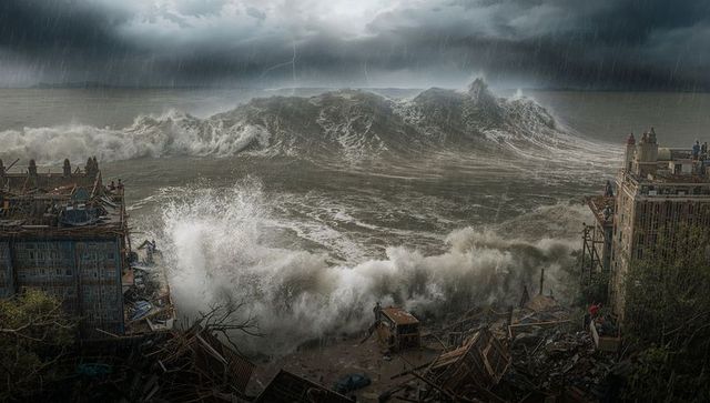 Massive storm wave approaching coastal city amid lightning