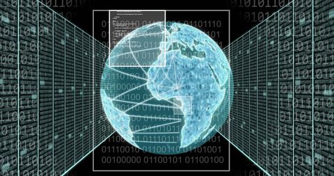 Futuristic digital globe with data streams and servers