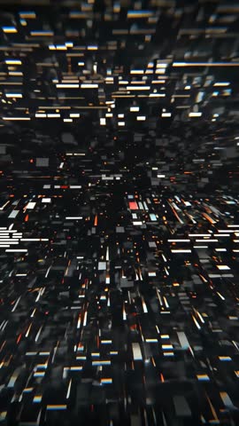 Gliding through neon grid tunnel revealing lit modules vertical cyber corridor flythrough