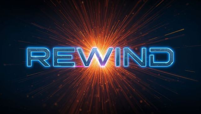 Futuristic Neon REWIND Text Radiating Energy Burst with Orange Rays and Particles for Ads