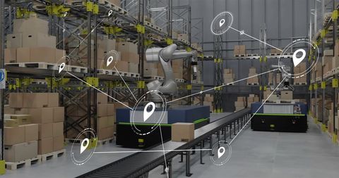 Modern warehouse automation with robotic system and network connections