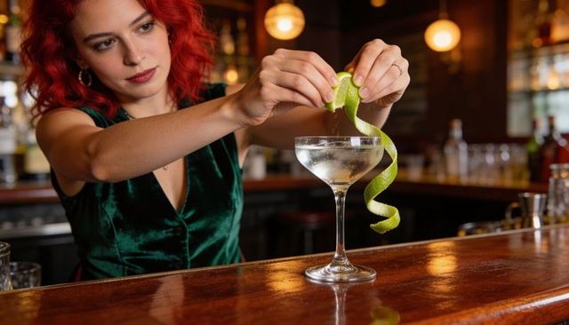 Redhead bartender garnishing coupe with spiral lime peel in green velvet dress