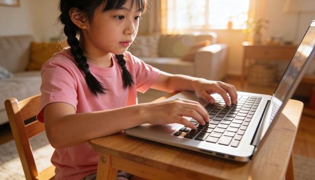 Young girl typing on laptop in sunlit living room for remote learning and homework