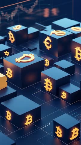 Vertical video panning over 3D crypto logo cubes on neon grid revealing animated financial charts