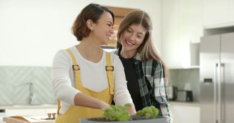 Female partners planting indoor herb planter together in bright modern kitchen