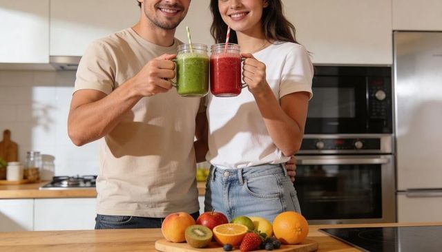 Couple raising mason-jar smoothies smiling in modern kitchen with fresh fruit board