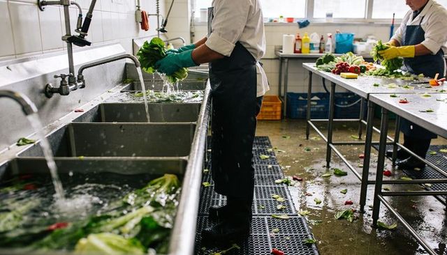 Kitchen staff washing salad greens at triple sink in busy commercial prep area