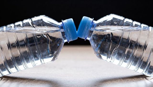 Symmetrical plastic water bottles touching caps showing condensation and reflections
