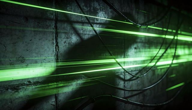 Neon green laser beams slicing concrete corridor wall with hanging cables