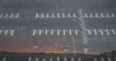 Sunset horizon glowing over rural landscape overlaying financial charts and timeline data