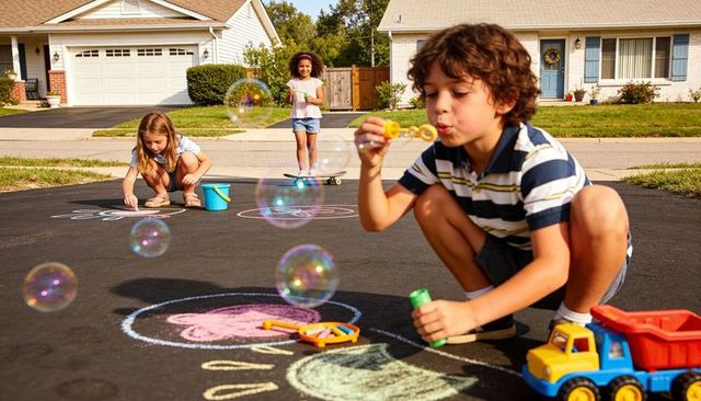 Kids playing on suburban driveway blowing bubbles drawing colorful chalk art with toys