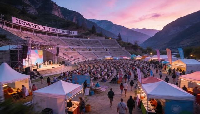 Sunset zero-waste cultural summit celebrating sustainability in mountain amphitheater
