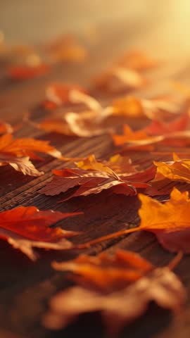 Vertical video shifting focus across red orange maple leaves on wooden deck with warm autumn bokeh