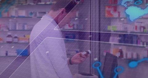Pharmacist inspecting prescription bottle with digital data overlay in modern pharmacy