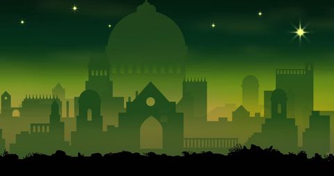 Mystical Green Cityscape with Stars and Silhouettes