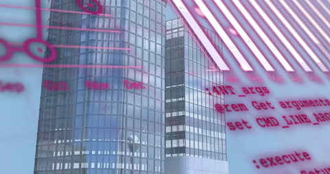 Abstract Financial Data Overlay on Modern Skyscraper