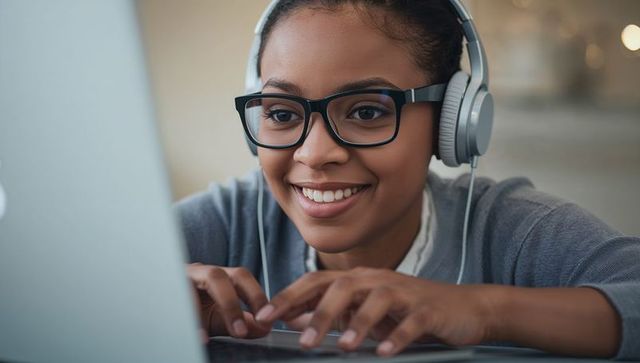 Smiling Woman Typing on Laptop at Home with Headphones