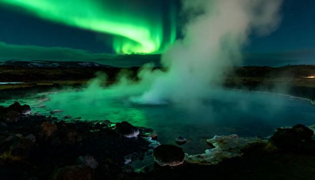 Aurora reflecting over steaming geothermal pool, northern lights glowing above hot spring