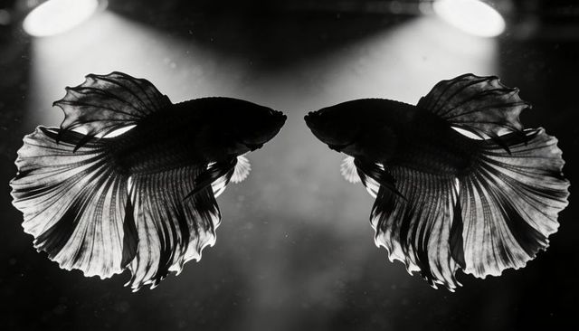 Mirror-silhouette betta fish flaring flowing fins in high-contrast monochrome composition