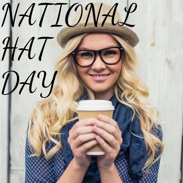 Smiling Woman With Coffee Celebrating National Hat Day - Download Free Stock Templates Pikwizard.com