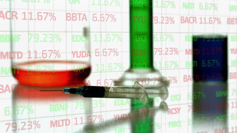 Financial Data Overlaid on Syringe and Lab Chemicals