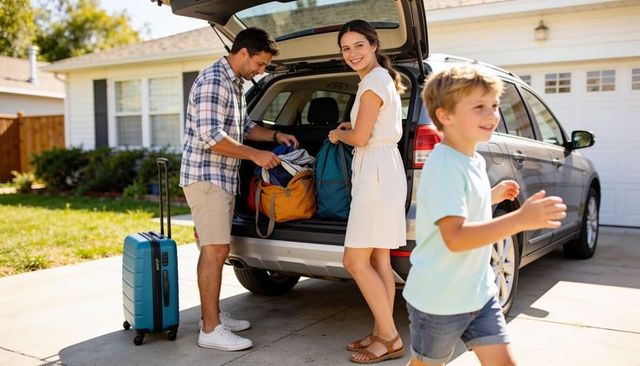 Family packing suv trunk in driveway preparing summer road trip with luggage and smiles
