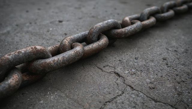 Rusted heavy chain lying diagonally on cracked concrete pavement macro texture